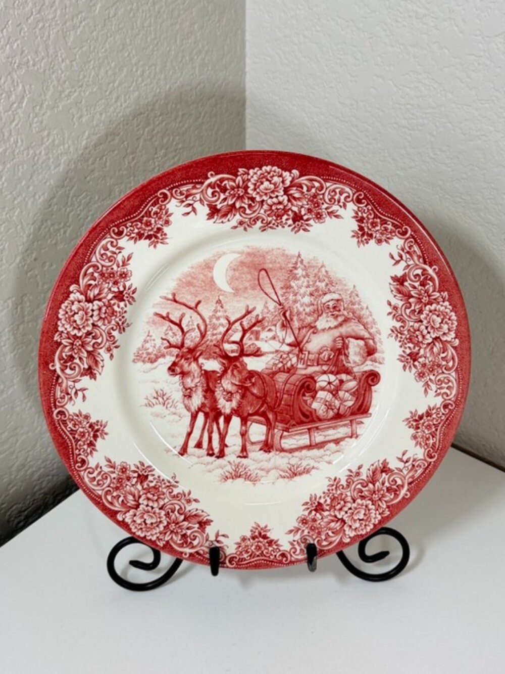 Royal Stafford Santas Sleigh Red Transferware Plate Christmas Reindeer England